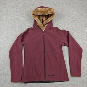 Marmot Jacket Womens Medium Red Softshell Hooded Faux Fur Lined Full Zip Warm